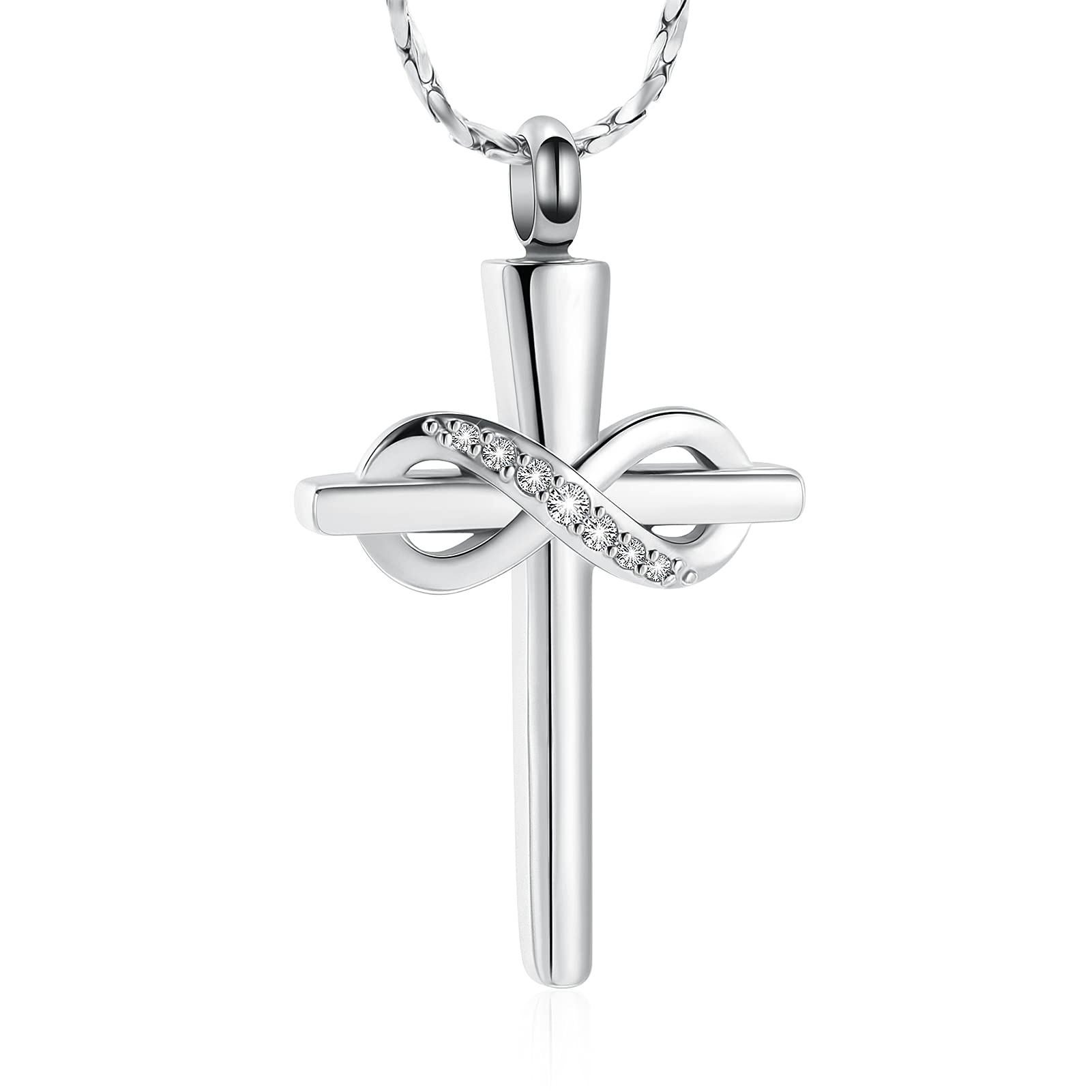 Imrsanl Infinity Love Cross Cremation Jewelry Ashes Religious Cross Urn Pendant Necklace for Women Men Pet Ashes Memorial Keepsake Jewelry (Silver)