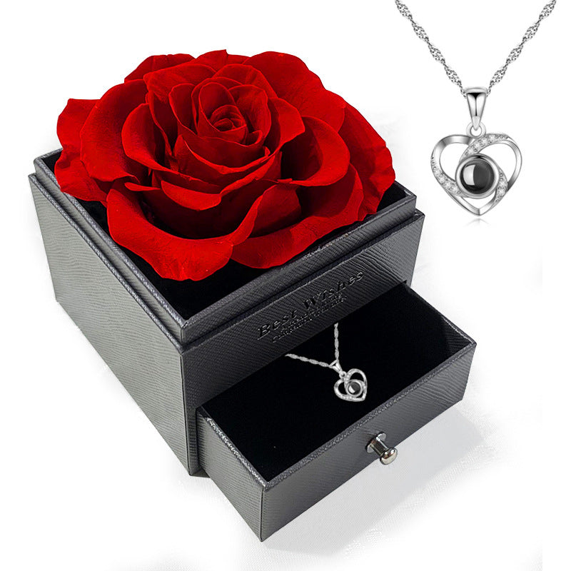 R-C Eternal Flower Acrylic Jewelry Box with Real Rose Necklace