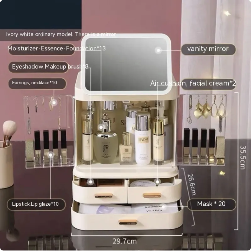 R-C Large-Capacity Desktop Makeup Organizer with Mirror and Light