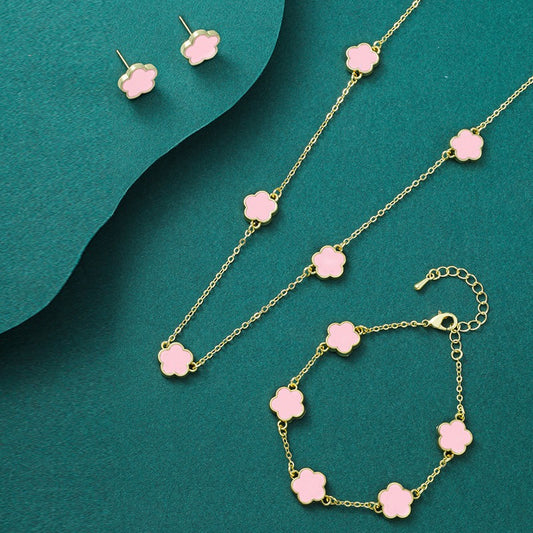 Five Petal Flower Jewelry Set - Necklace, Earrings & Bracelet R-C