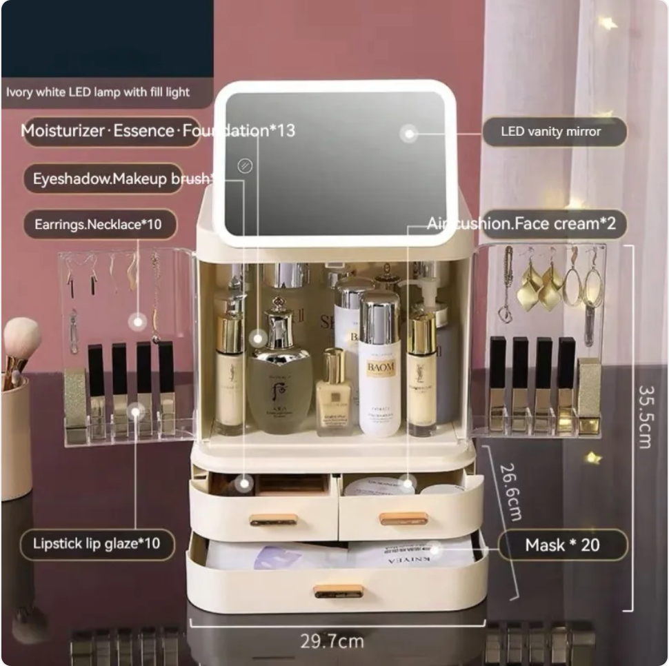 R-C Large-Capacity Desktop Makeup Organizer with Mirror and Light