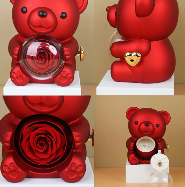 R-C Rotating Bear Gift Box Rose Jewelry Box