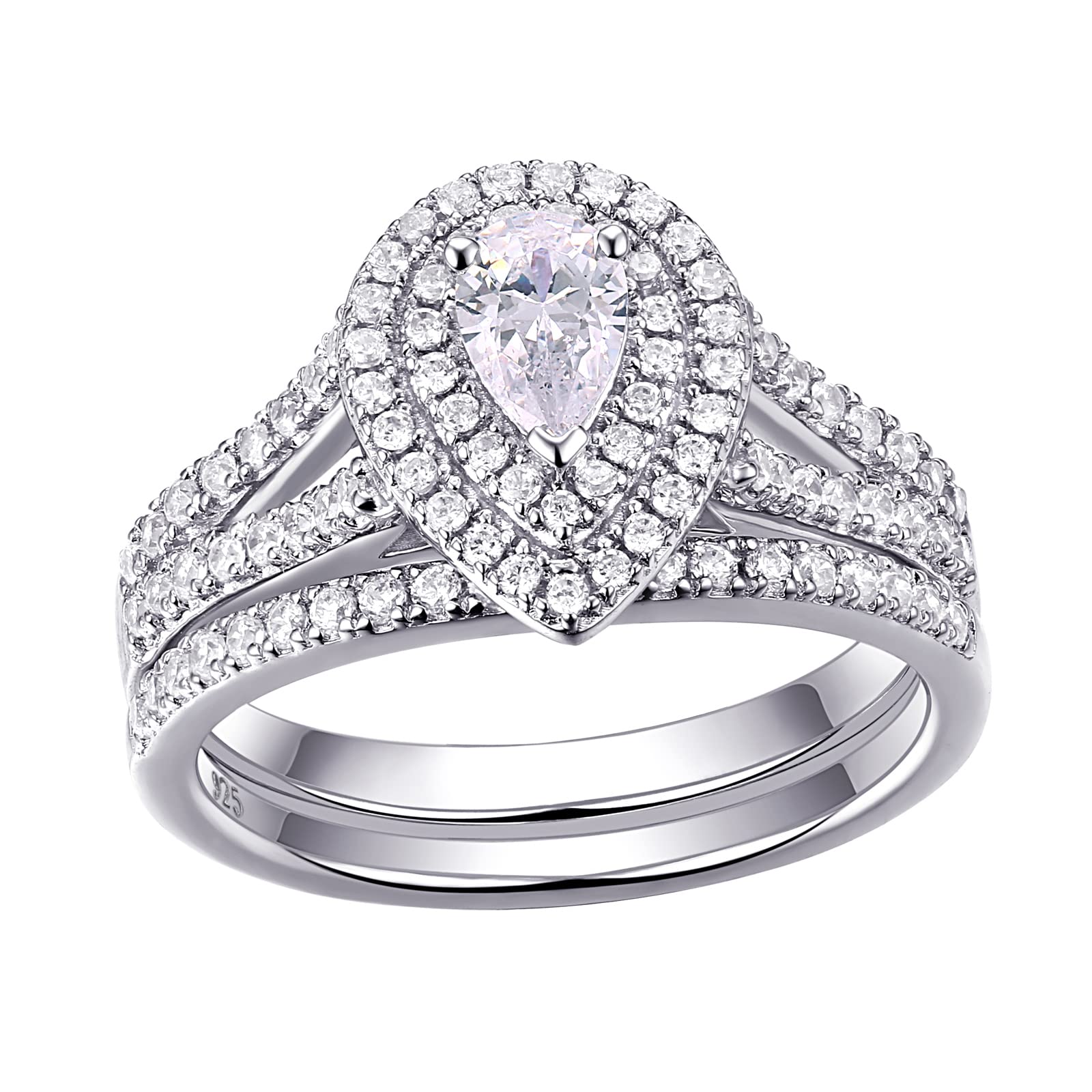 Newshe Jewellery Wedding Engagement Ring for Women Bridal Set AAAAA Cz 925 Sterling Silver 1.3Ct Pear White Size 4