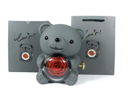 R-C Rotating Bear Gift Box Rose Jewelry Box