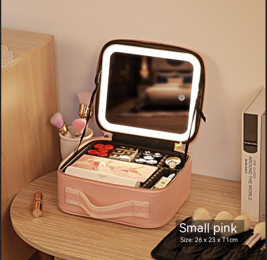 R-C Portable Cosmetic Bag with Mirror & LED Light,