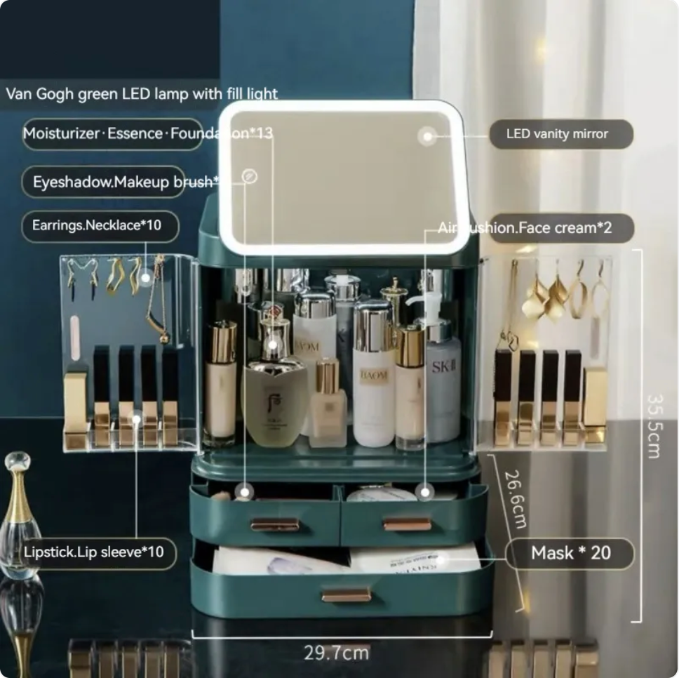 R-C Large-Capacity Desktop Makeup Organizer with Mirror and Light