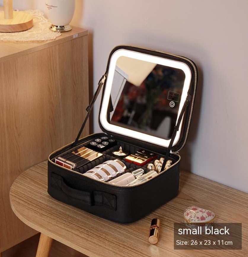 R-C Portable Cosmetic Bag with Mirror & LED Light,