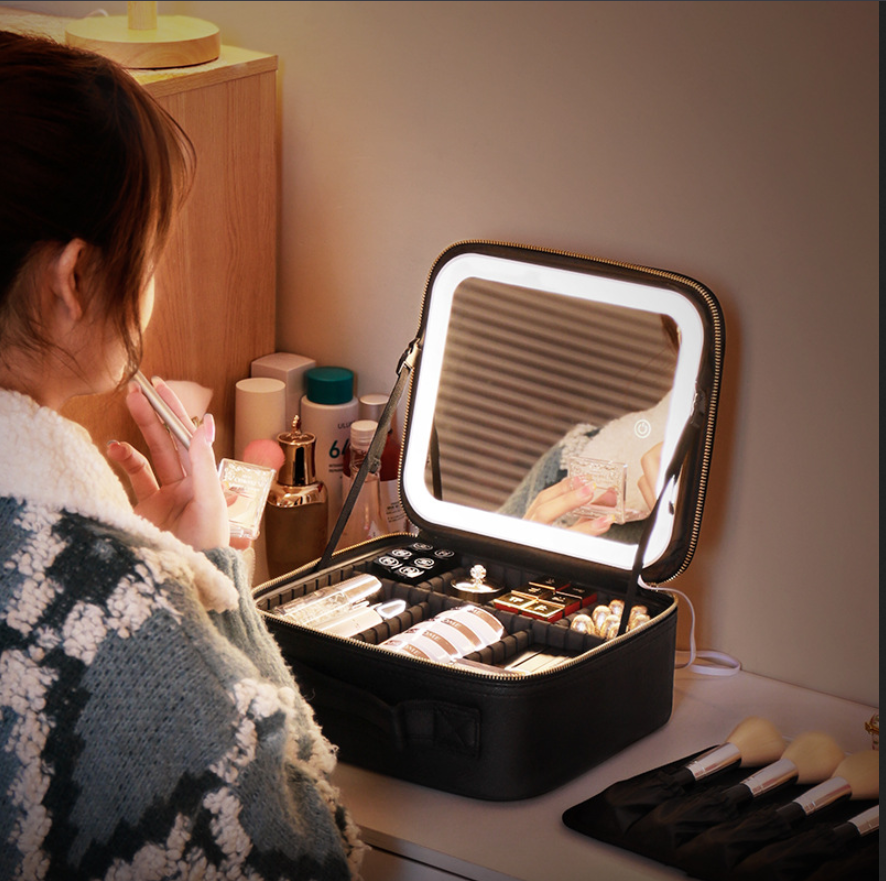 R-C Portable Cosmetic Bag with Mirror & LED Light,