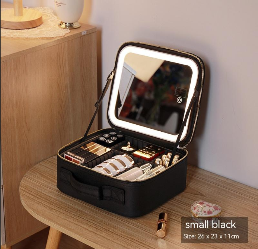 R-C Portable Cosmetic Bag with Mirror & LED Light,