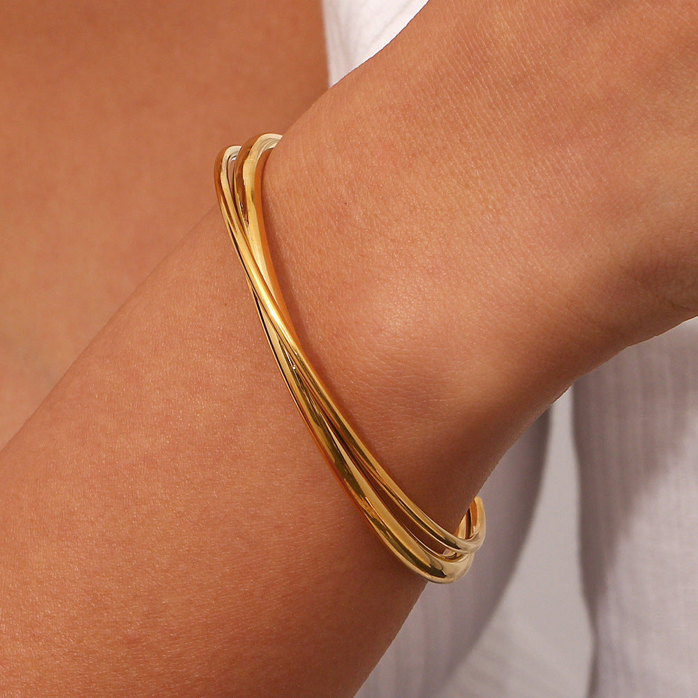 Simple Stainless Steel 18K Gold Plated Double Cross Bracelet