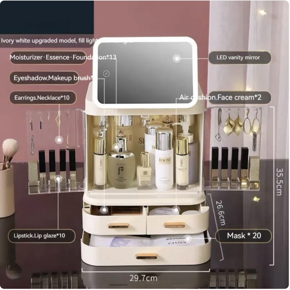 R-C Large-Capacity Desktop Makeup Organizer with Mirror and Light