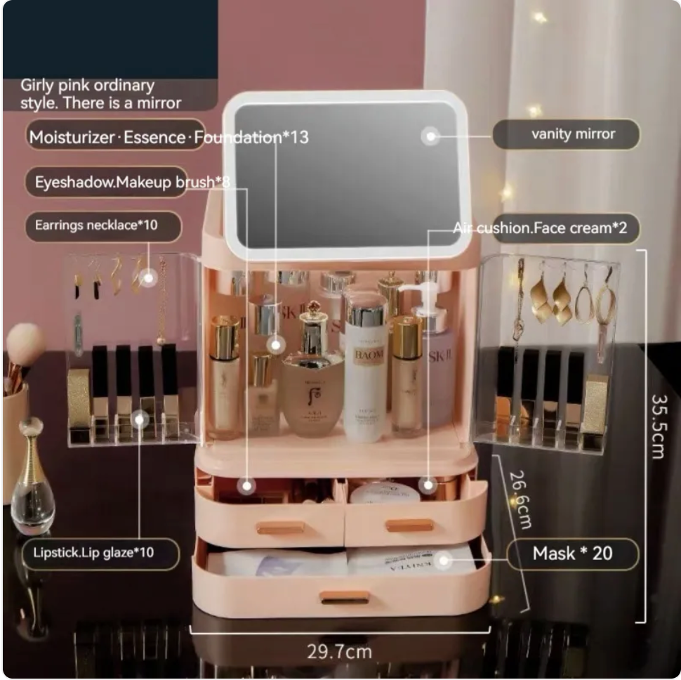 R-C Large-Capacity Desktop Makeup Organizer with Mirror and Light