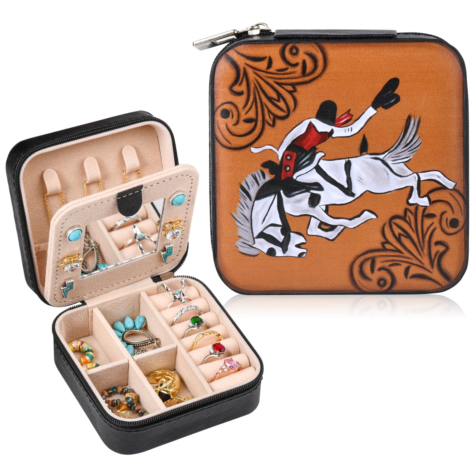DEEKA Western Jewelry Box Case Horse Pattern Faux Leather Travel Jewelry Holder Organizer Gifts for Women Country Girls Cowgirl Stuff Small Portable Travel Accessories -Black Horse