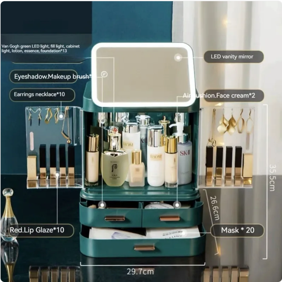 R-C Large-Capacity Desktop Makeup Organizer with Mirror and Light
