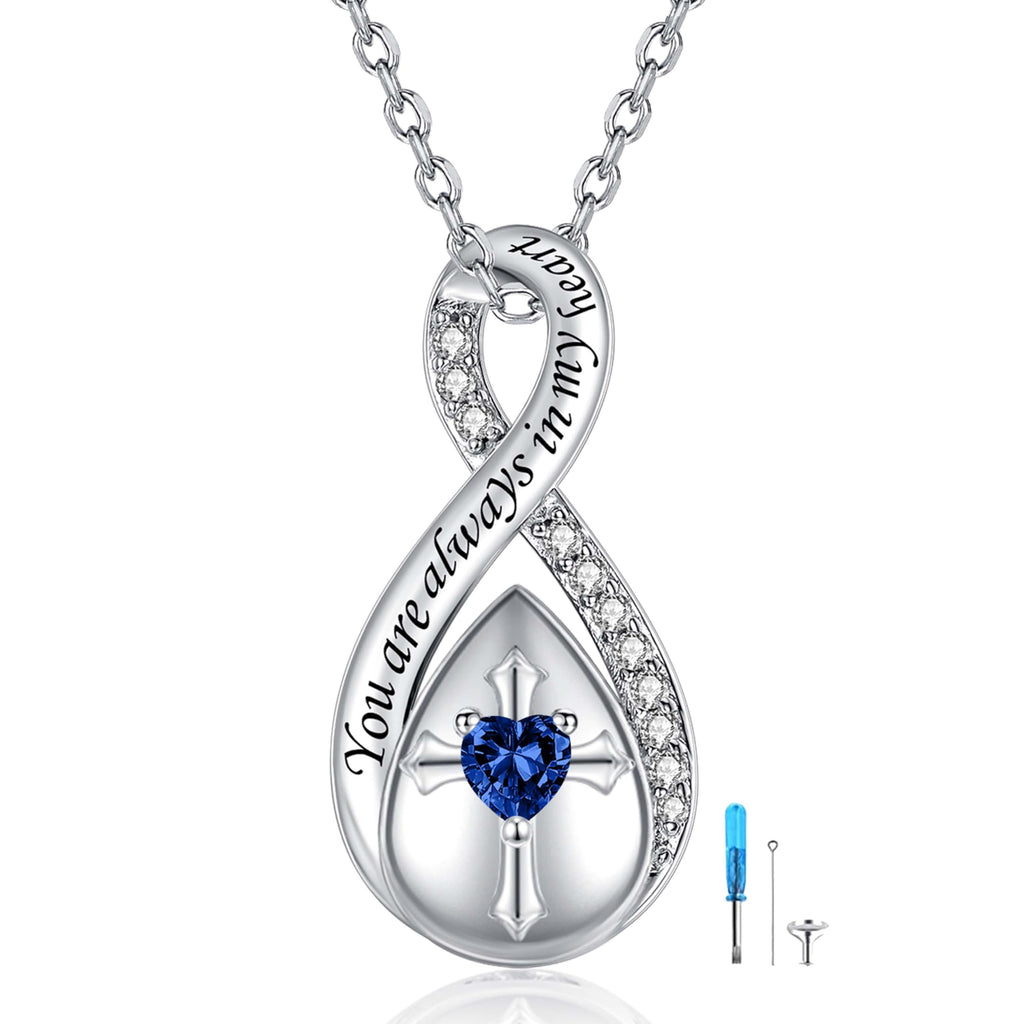 Cross Infinity Cremation Jewelry for Ashes: Sterling Silver Sapphire Urn Necklace for women - September birthstone Ashes Necklace Teardrop Keepsake Pendant Memorial Keepsake Urn Jewelry Gift for A Loss Loved Ones