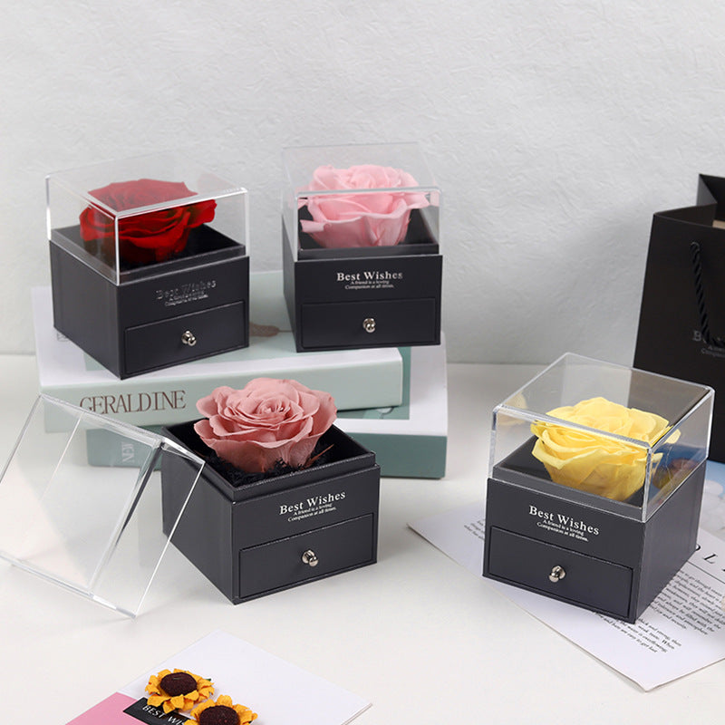 R-C Eternal Flower Acrylic Jewelry Box with Real Rose Necklace