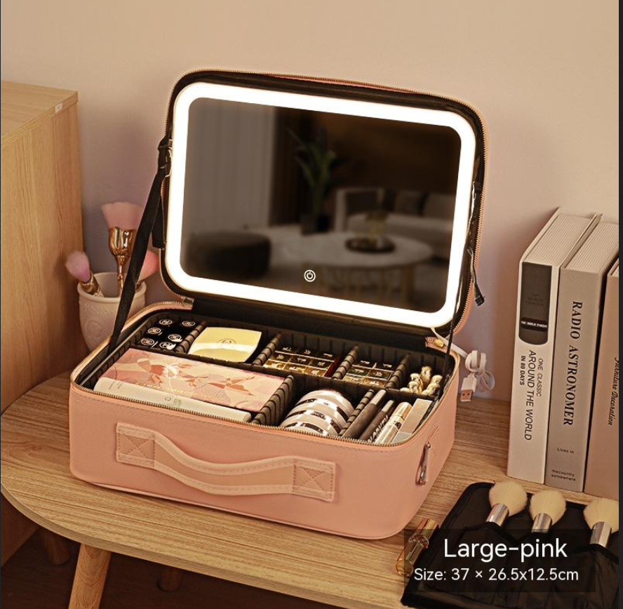 R-C Portable Cosmetic Bag with Mirror & LED Light,