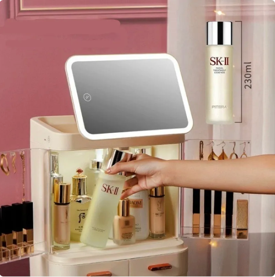 R-C Large-Capacity Desktop Makeup Organizer with Mirror and Light
