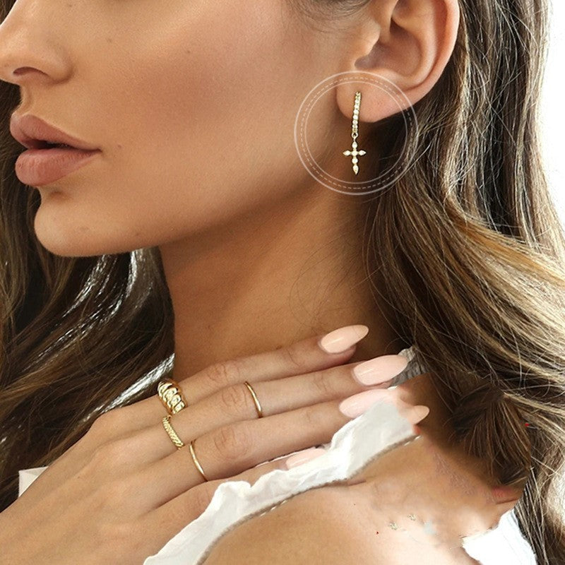 Cross-Border Geometric Cross Earrings with Rhinestones