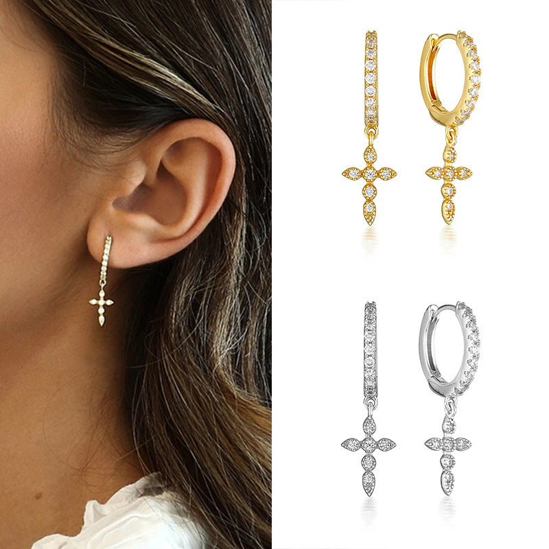 Cross-Border Geometric Cross Earrings with Rhinestones
