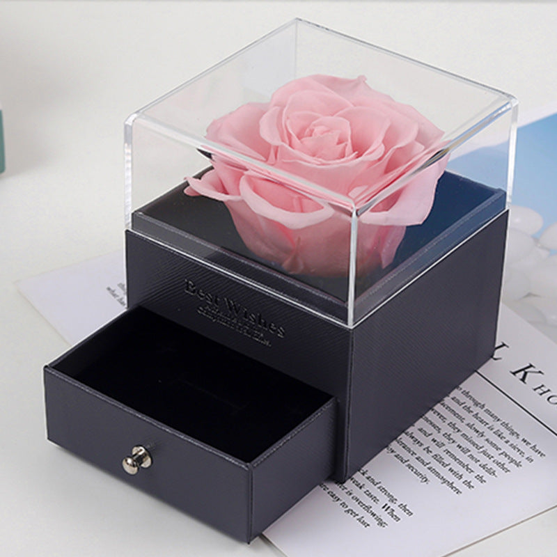 R-C Eternal Flower Acrylic Jewelry Box with Real Rose Necklace