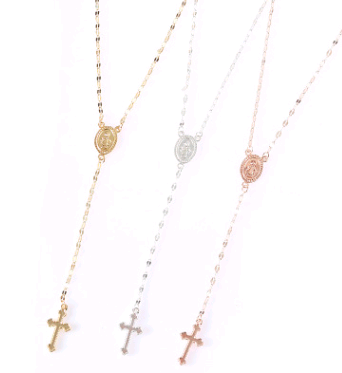 Three rosary necklaces in gold, silver, and rose gold on a white background.