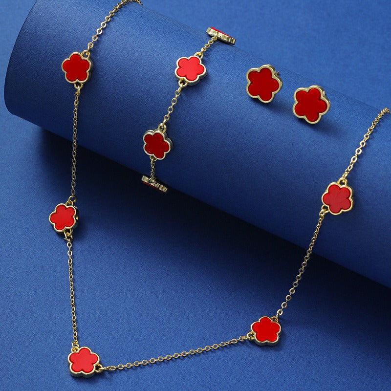 Five Petal Flower Jewelry Set - Necklace, Earrings & Bracelet