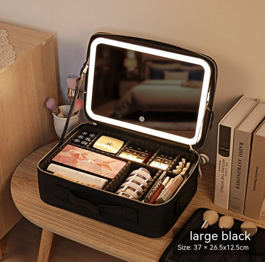 R-C Portable Cosmetic Bag with Mirror & LED Light,