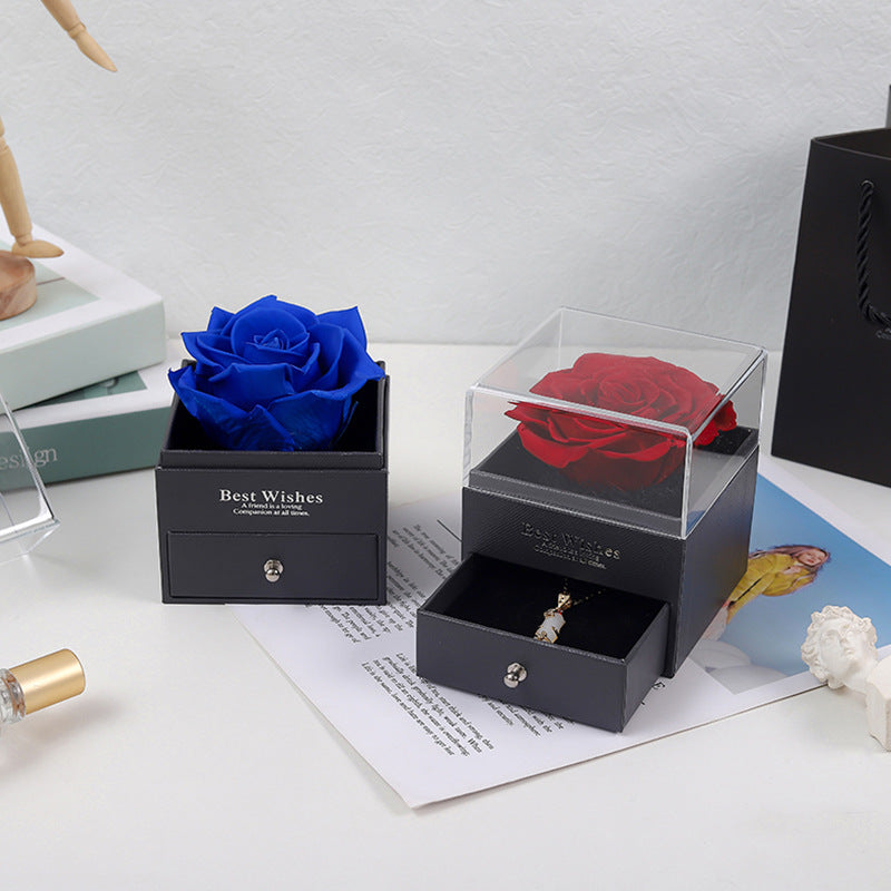 R-C Eternal Flower Acrylic Jewelry Box with Real Rose Necklace