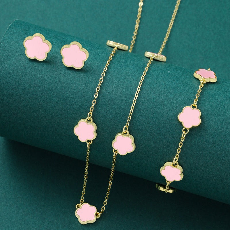 Five Petal Flower Jewelry Set - Necklace, Earrings & Bracelet