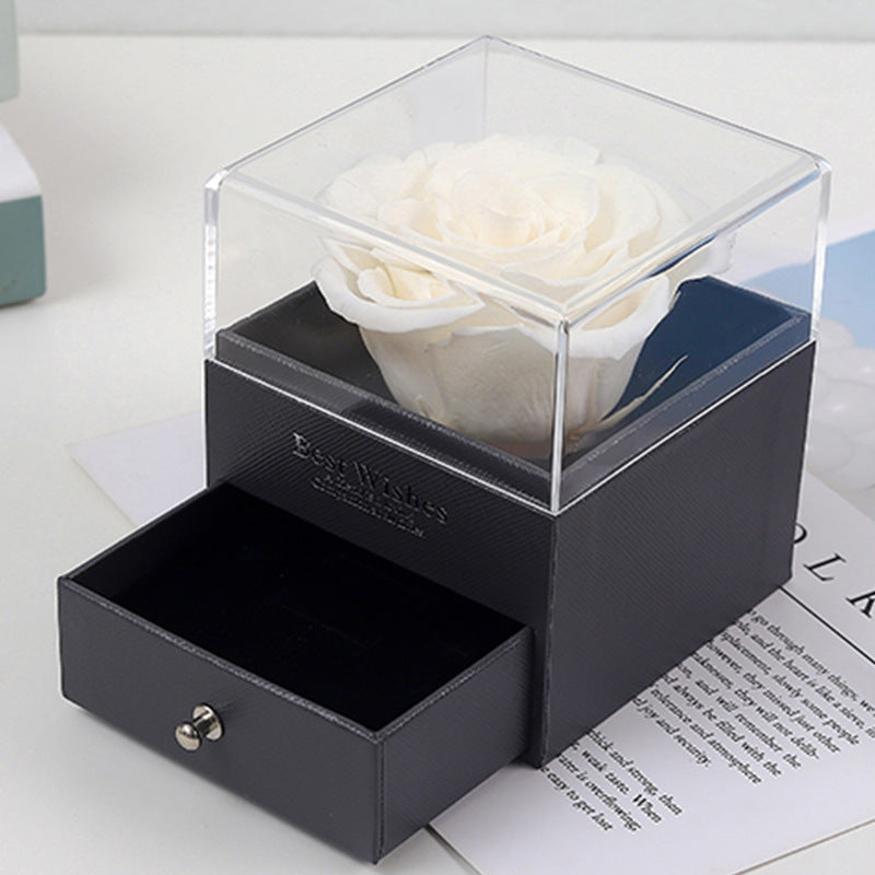R-C Eternal Flower Acrylic Jewelry Box with Real Rose Necklace