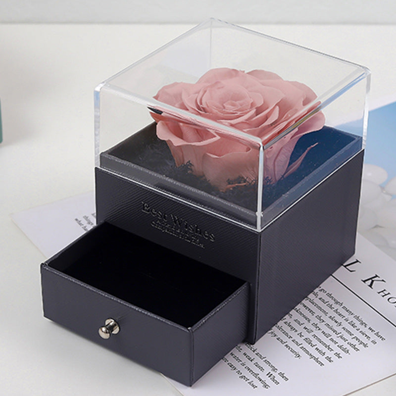 R-C Eternal Flower Acrylic Jewelry Box with Real Rose Necklace