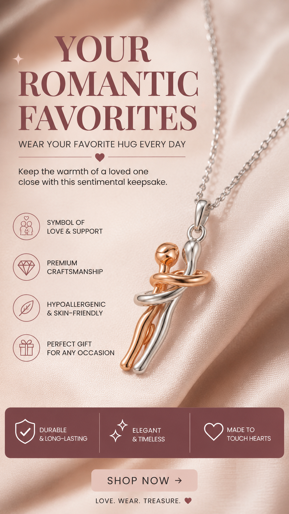 R-C Love Hug Necklace, rounded hug pendant on chain