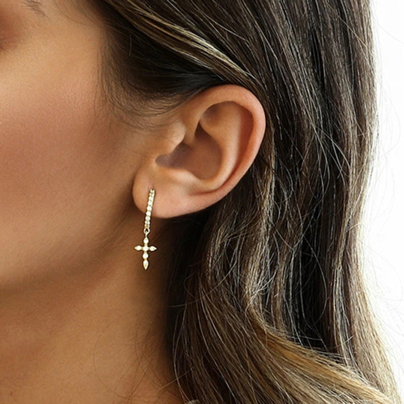 Cross-Border Geometric Cross Earrings with Rhinestones