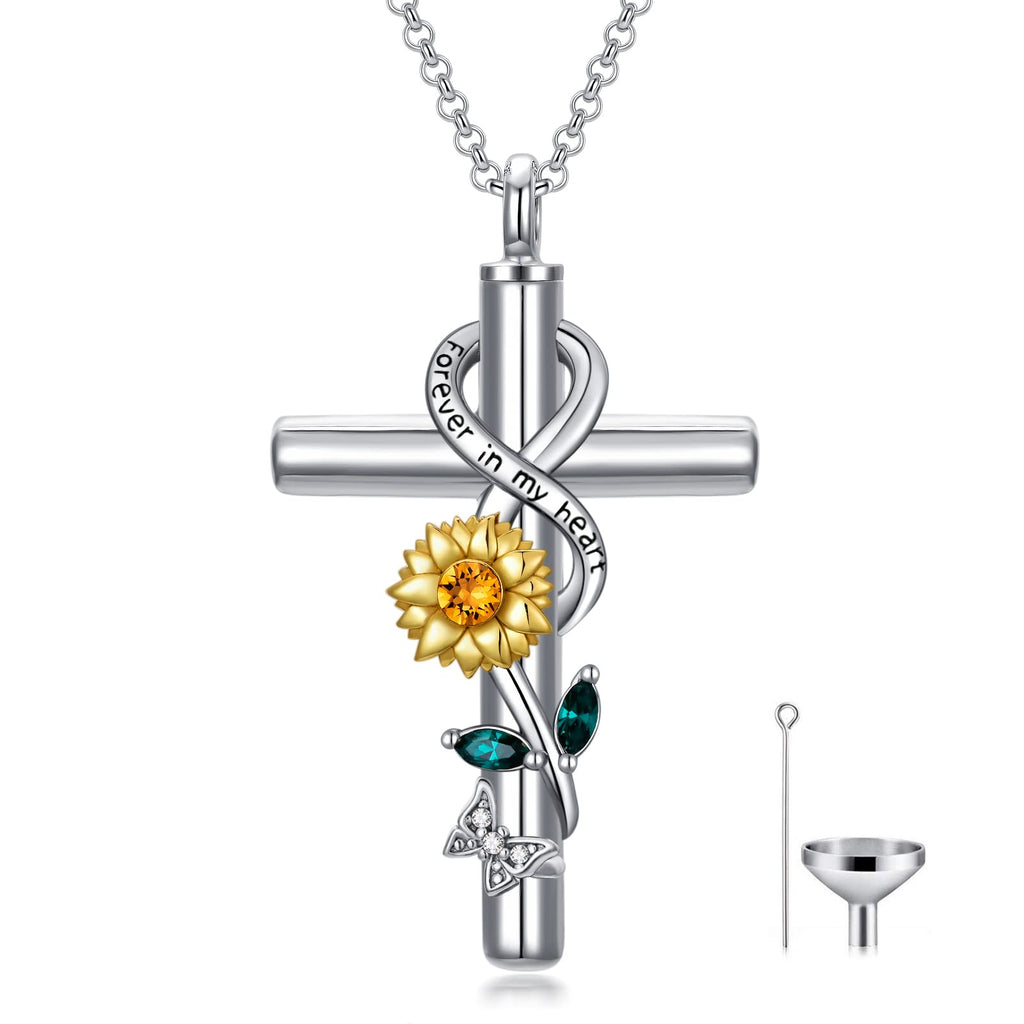 Flpruy Sunflower Urn Necklaces for Ashes 925 Sterling Silver Sunflower Cross Urn Pendant Cremation Keepsake Memorial Pendant Necklace for Ashes for Human Pet