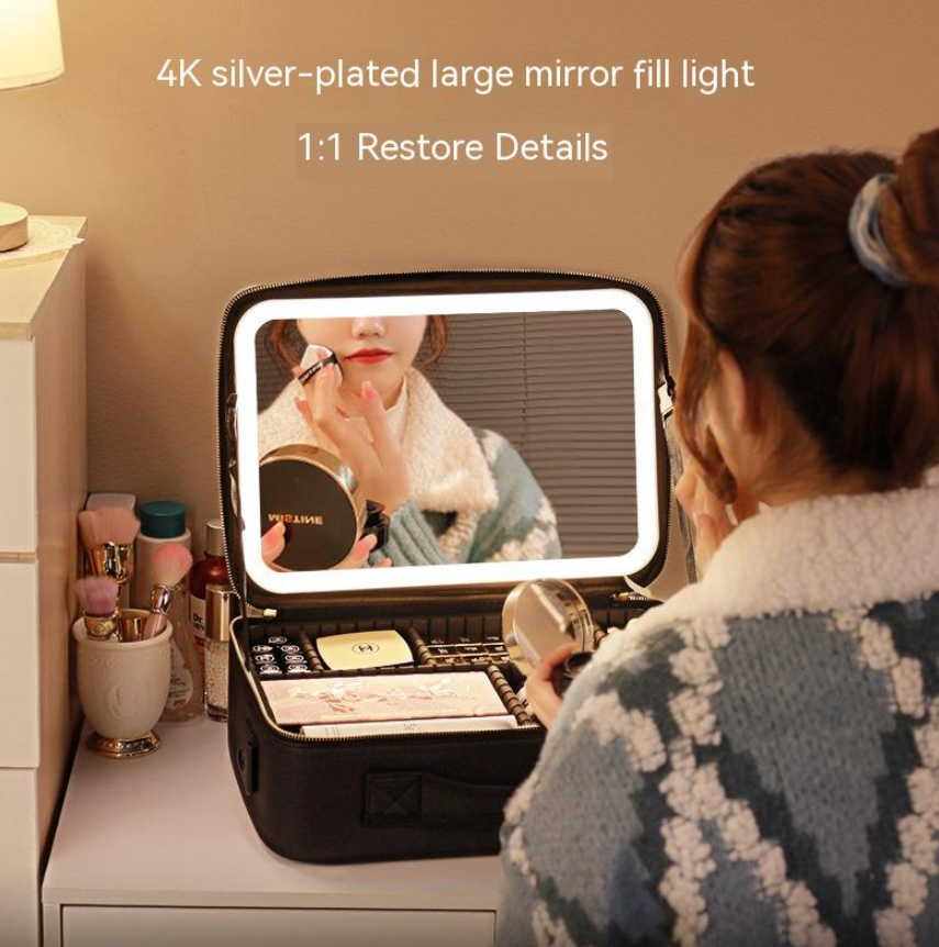 R-C Portable Cosmetic Bag with Mirror & LED Light,