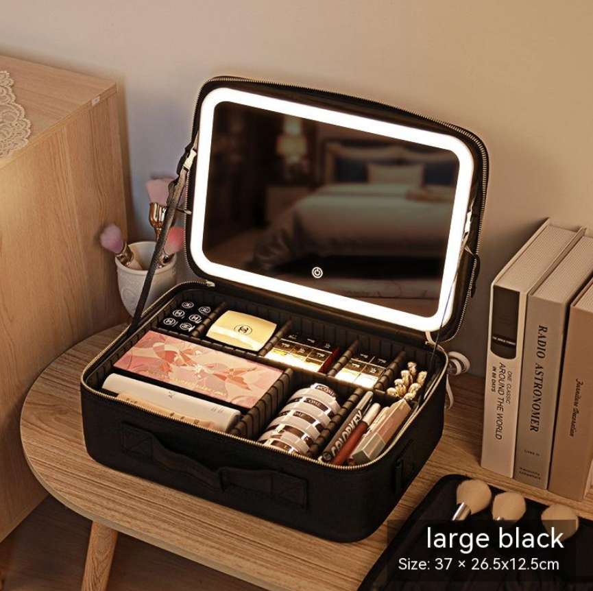 R-C Portable Cosmetic Bag with Mirror & LED Light,