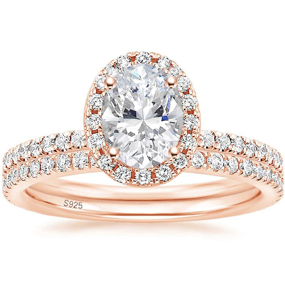 EAMTI 1.5CT 925 Sterling Silver Cubic Zirconia Bridal Rings Sets Rose Gold Oval Cut CZ Engagement Rings Wedding Band For Women Size 4