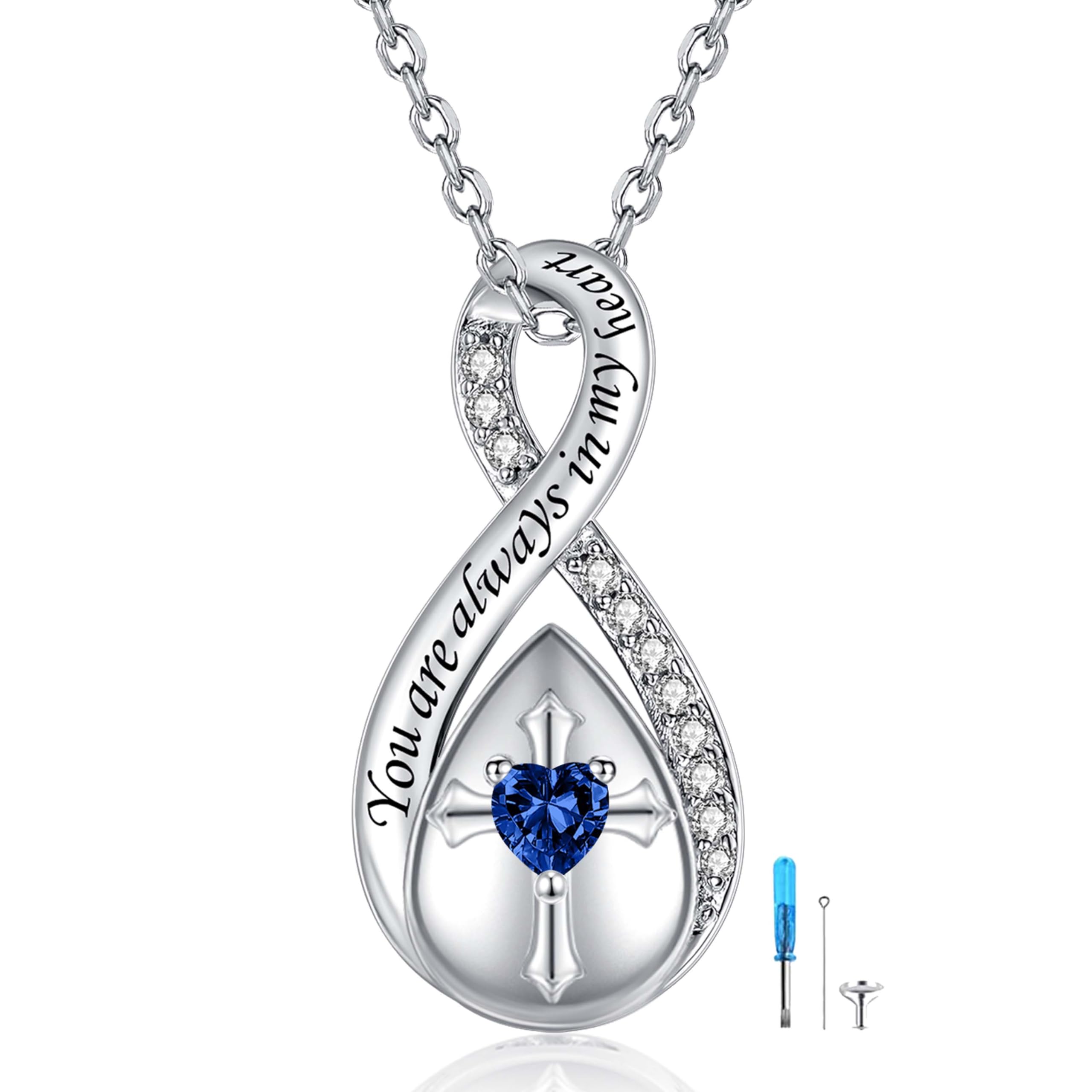 Cross Infinity Cremation Jewelry for Ashes: Sterling Silver Sapphire Urn Necklace for women - September birthstone Ashes Necklace Teardrop Keepsake Pendant Memorial Keepsake Urn Jewelry Gift for A Loss Loved Ones