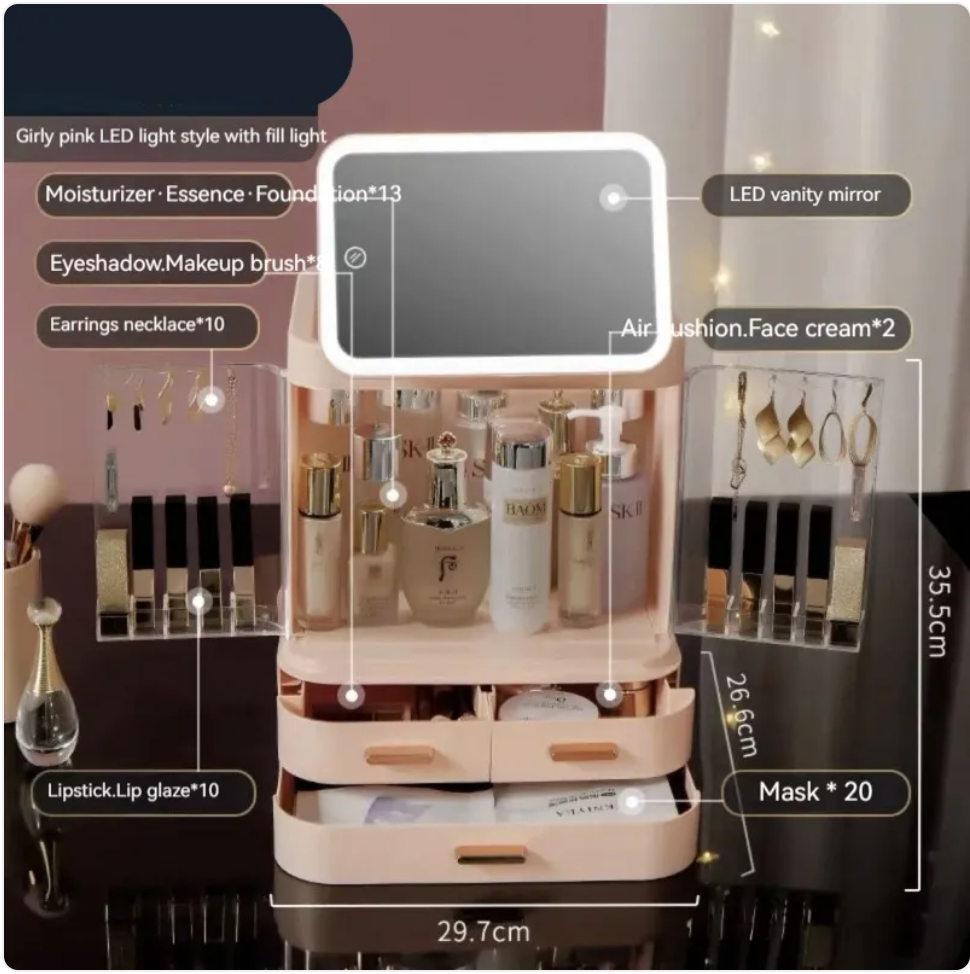 R-C Large-Capacity Desktop Makeup Organizer with Mirror and Light